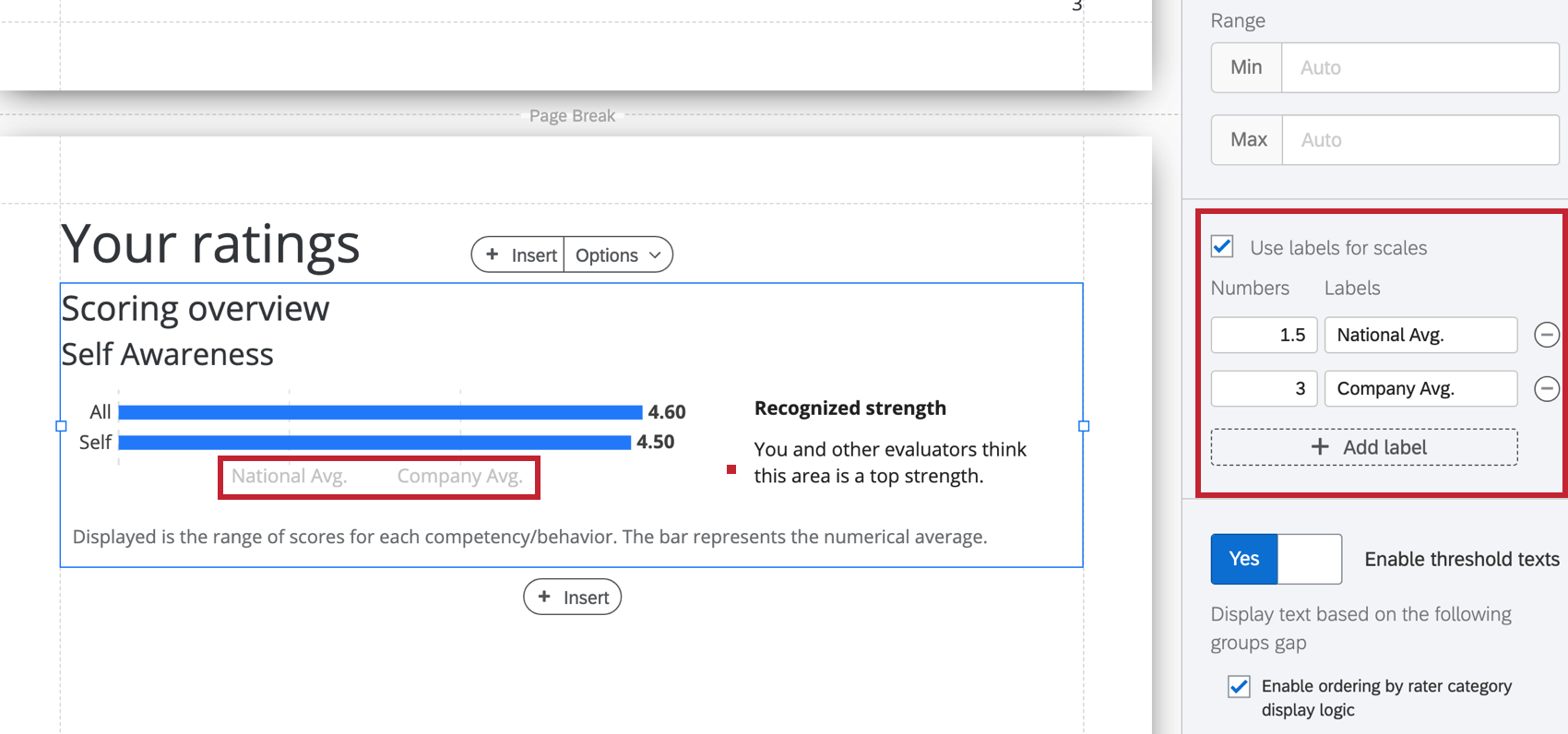 Highlights the Use labels for scales configuration in the scoring overview
