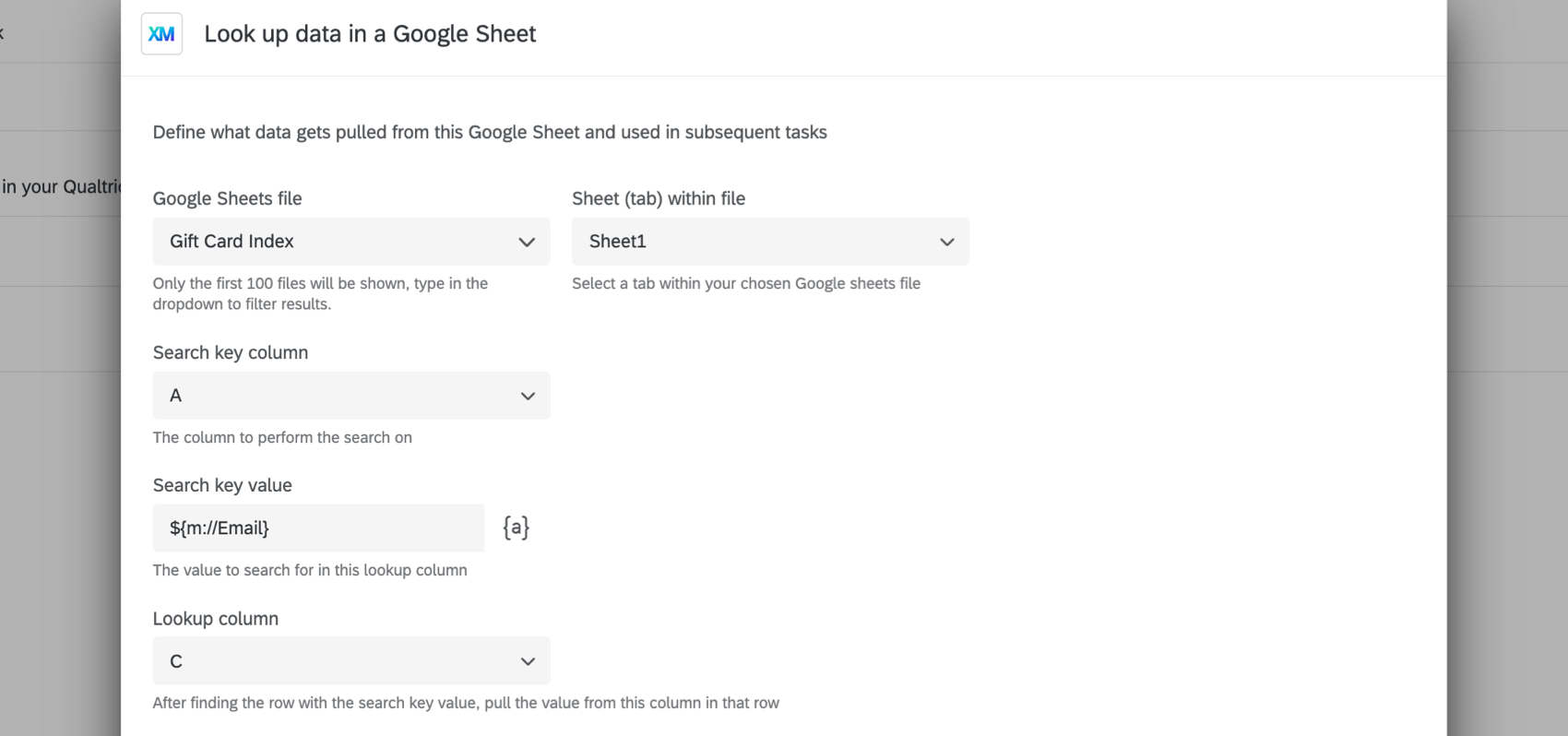 example google sheets task to look up gift card codes